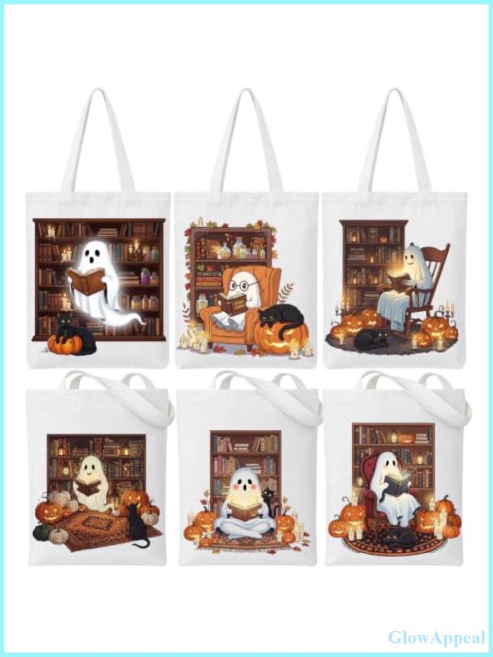 Canvas Tote Bag Set 6 Pcs Large Halloween Bookish Ghost Reading